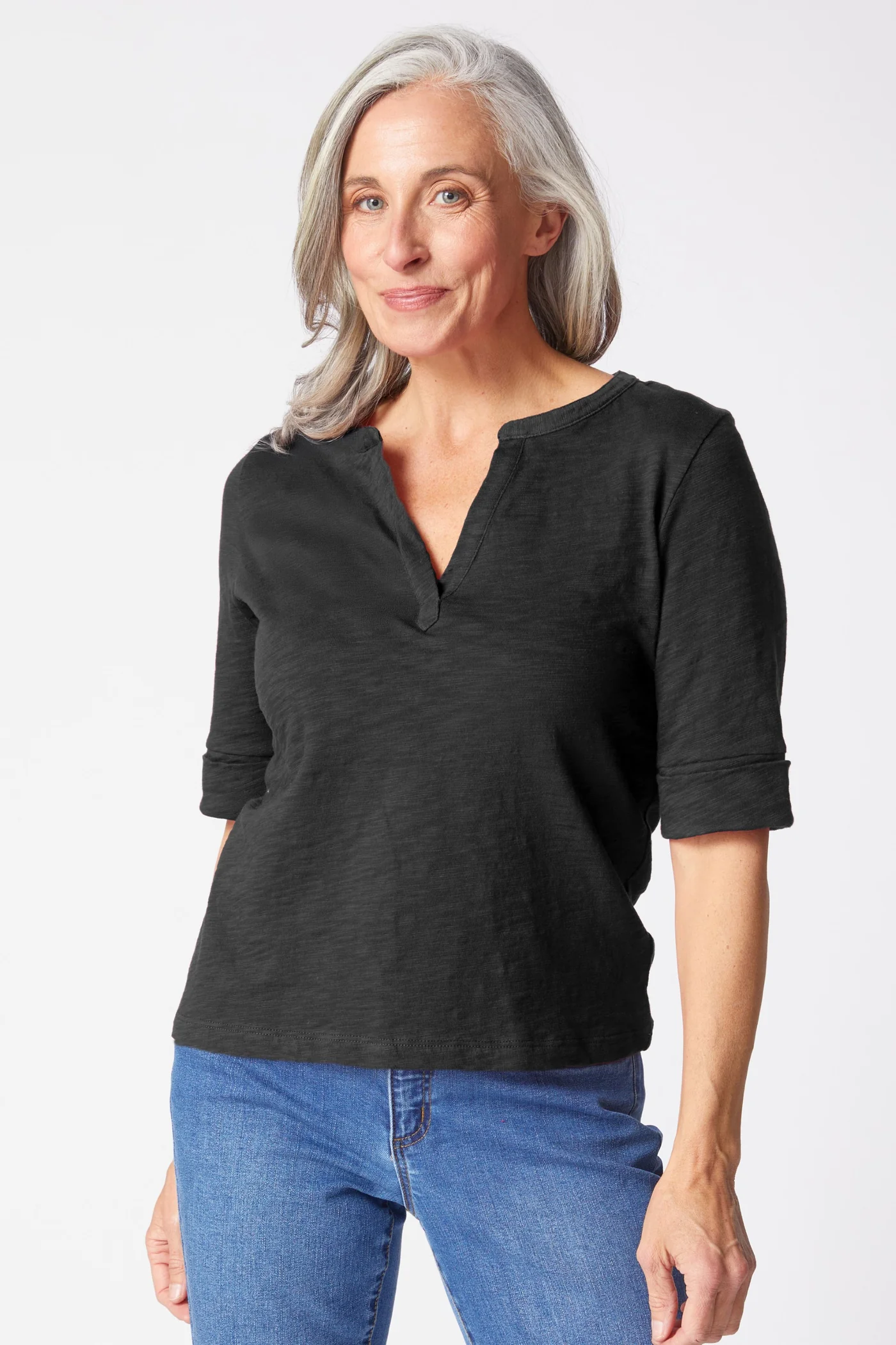 Split Neck Elbow Sleeve Tee