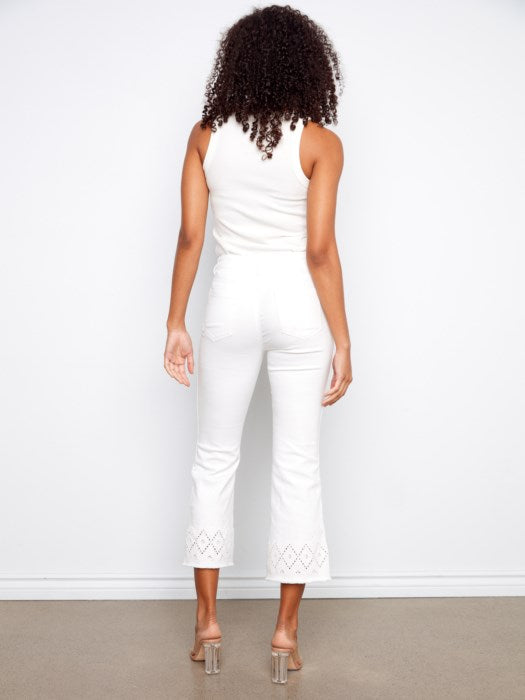 Flare Twill Pants with ZigZag Embroidery