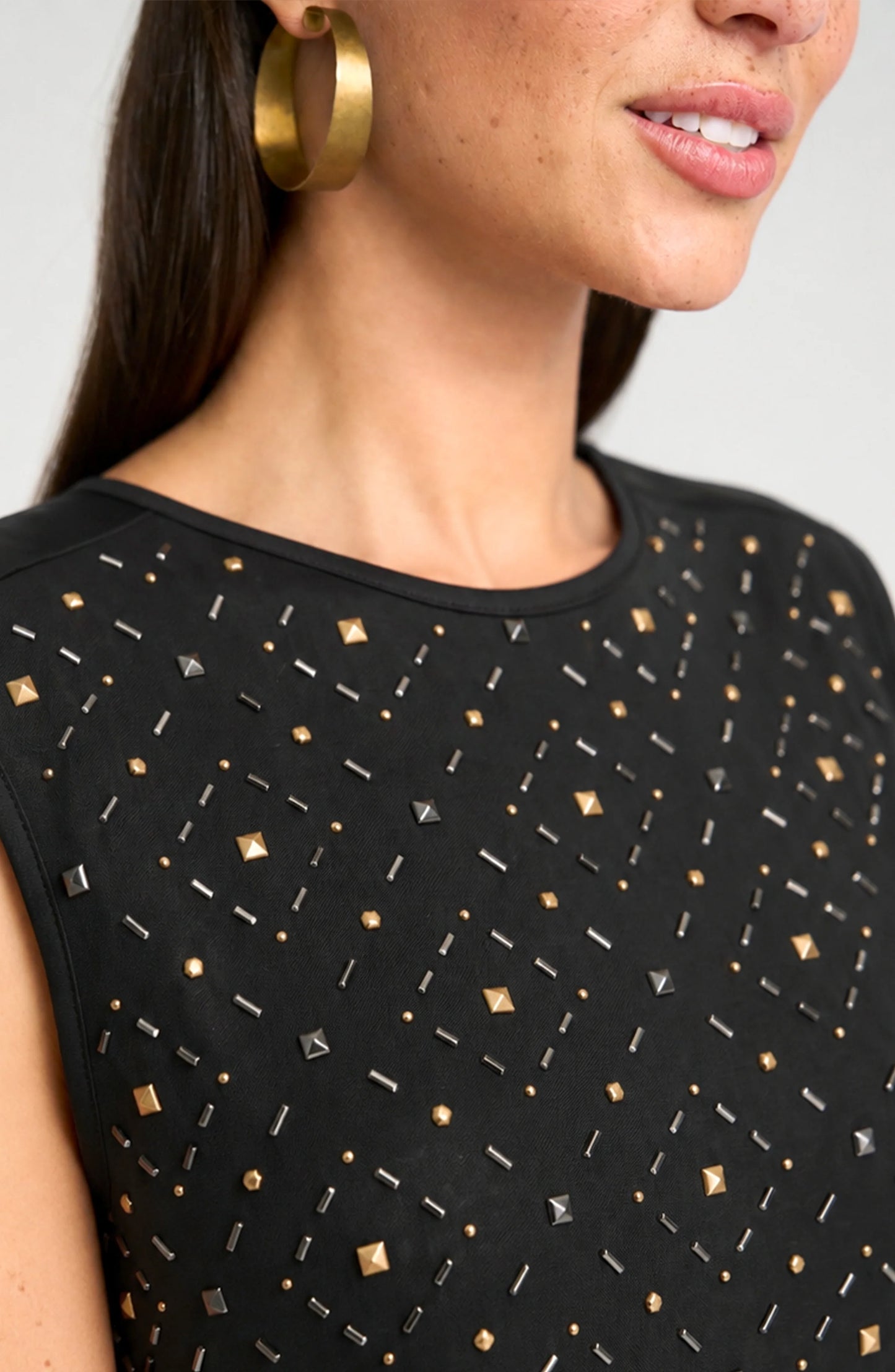 Sleeveless Embellished Knit-to-Woven Tee
