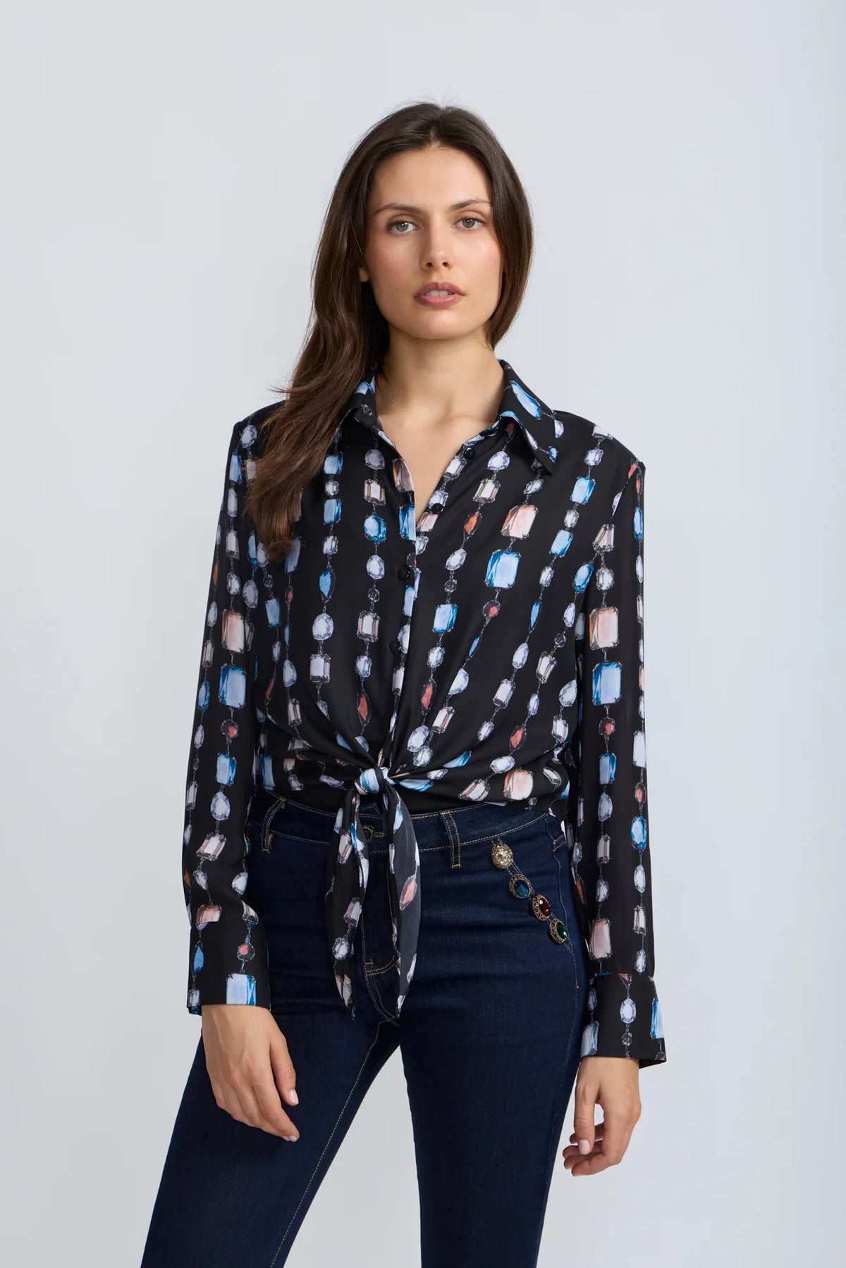 Jewel Print Tie Front Blouse