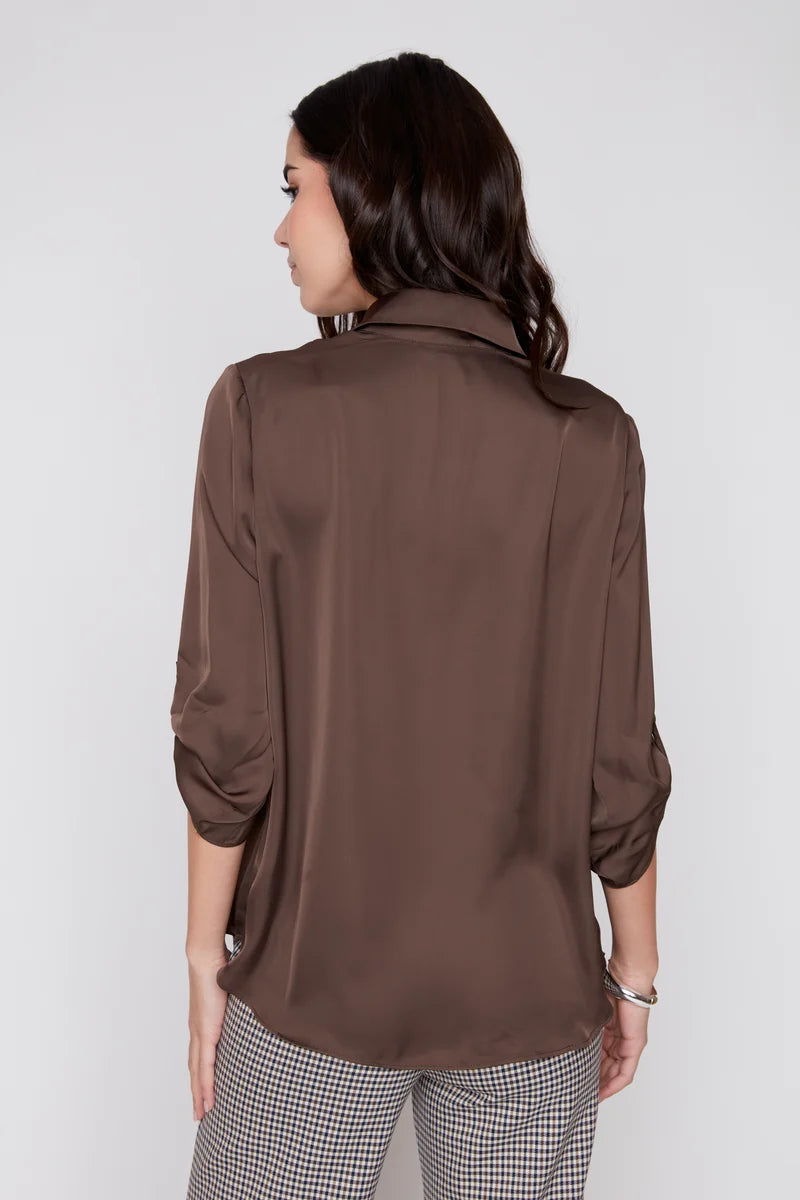 Satin V-Neck Blouse with Roll-Tab Sleeve