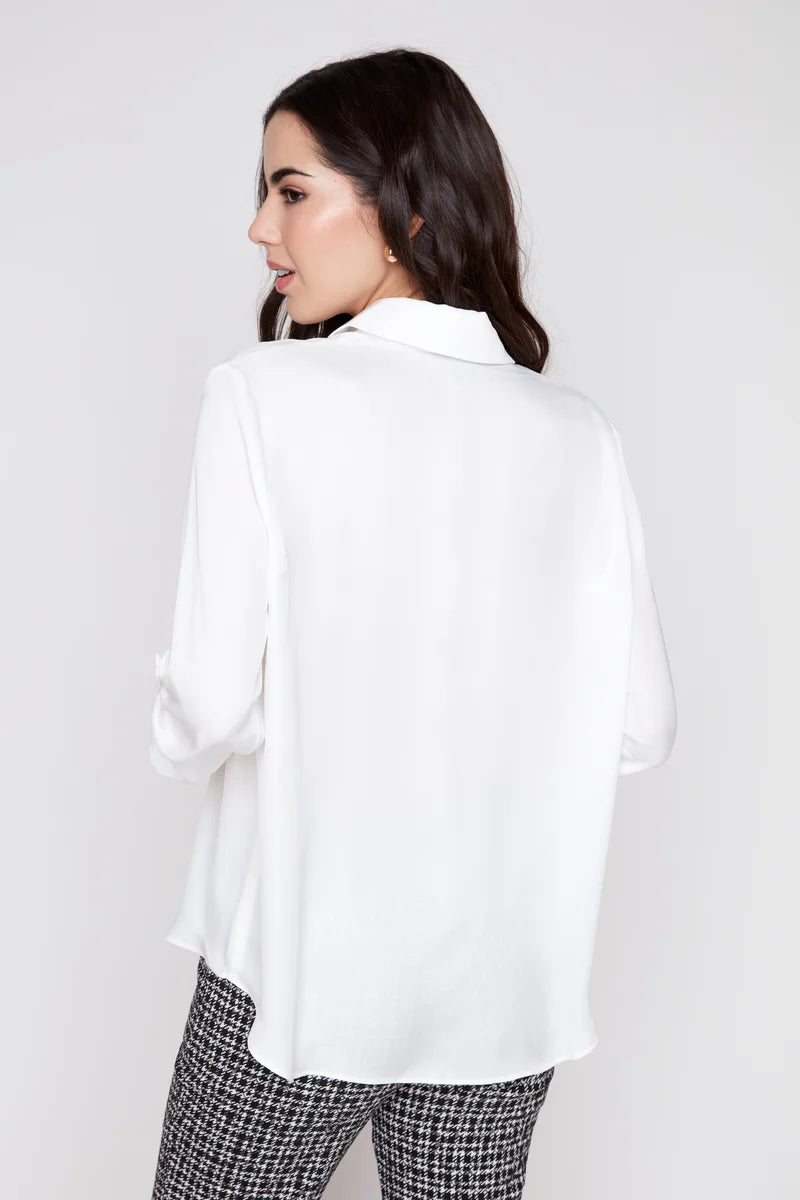Satin V-Neck Blouse with Roll-Tab Sleeve