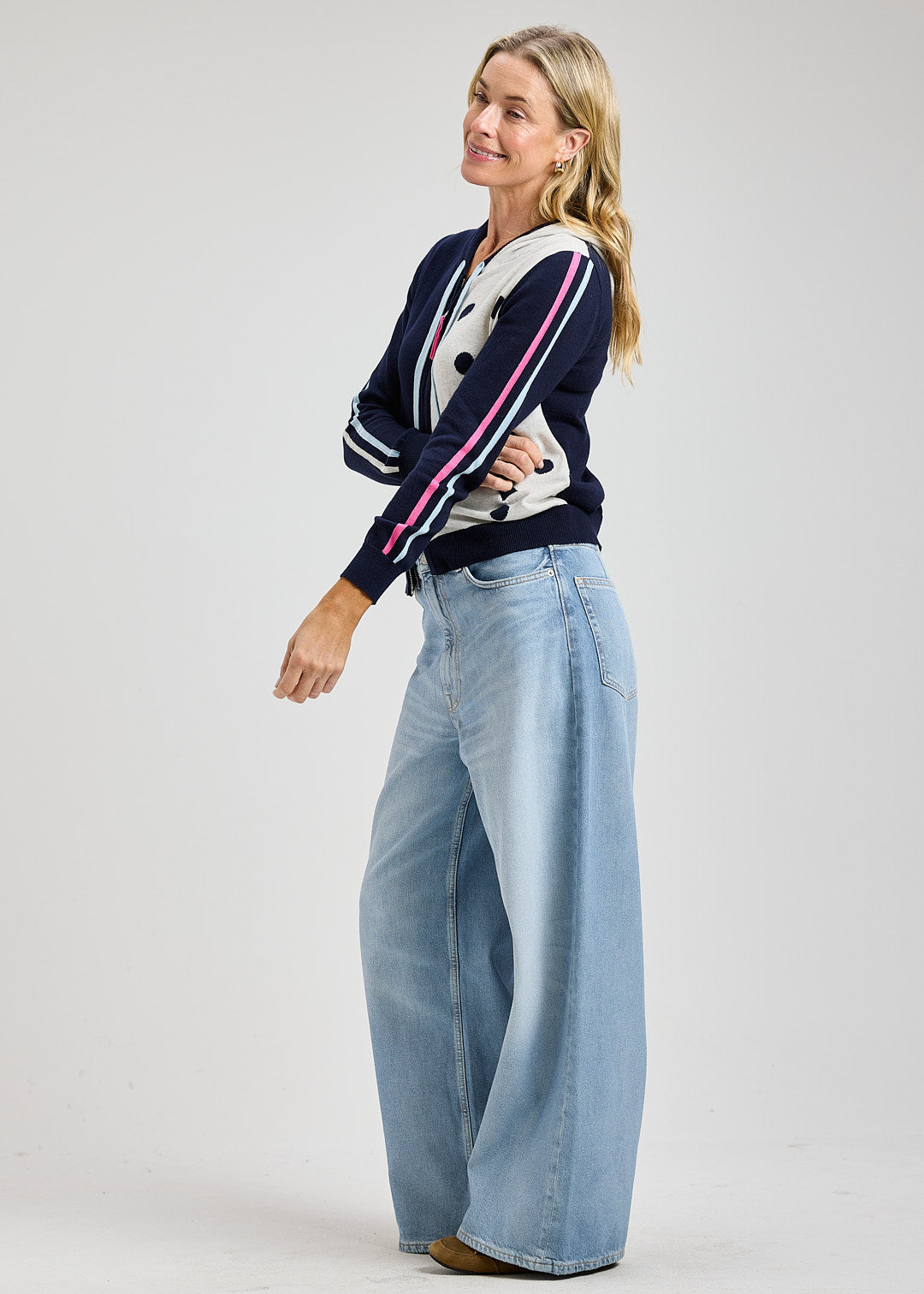 Dot & Color Block Zip Sweater