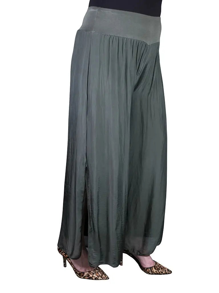 Eva Silk Side Slit Pant -Army