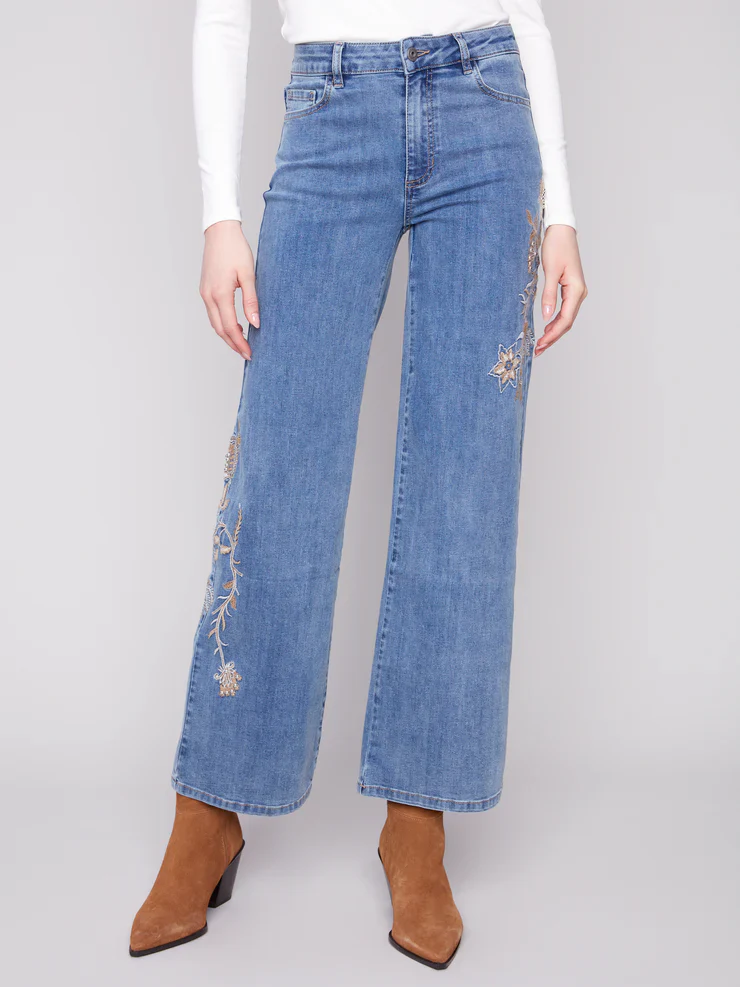 Wide Leg Embroidered Denim