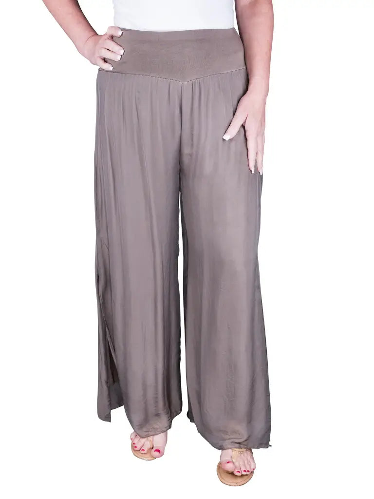 Eva Silk Side Slit Pant - Dark Taupe