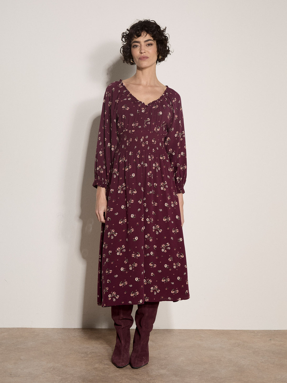 Watercolor Ditsy Smock Neck Dress