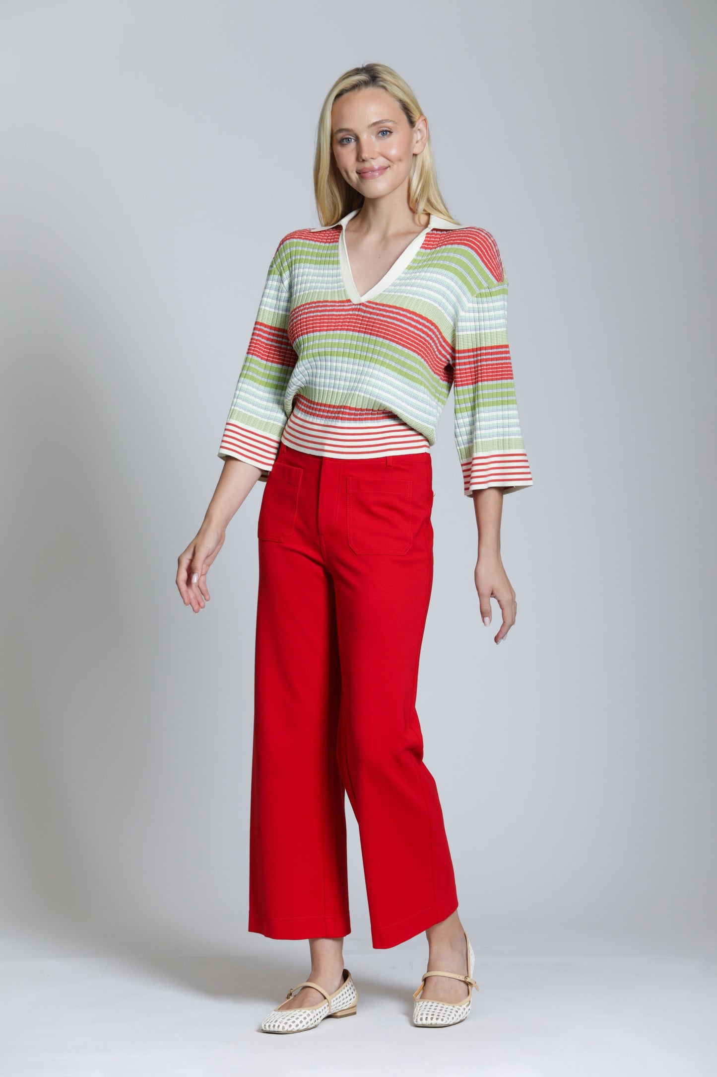Rib Striped Polo Sweater