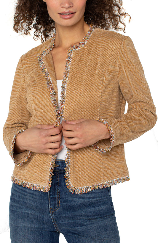 Collarless Jacket with Frayed Edges