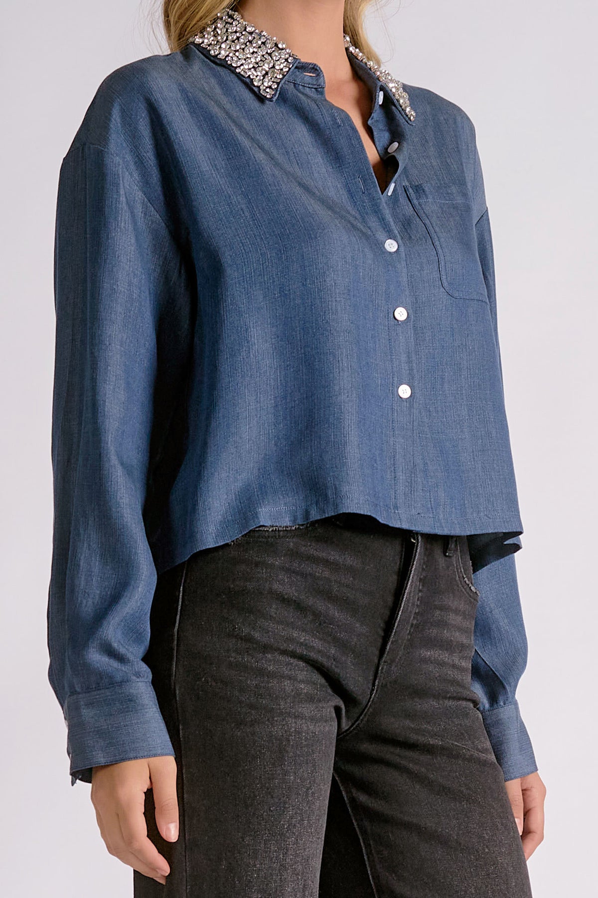 Denim Blouse with Crystal Detail Collar