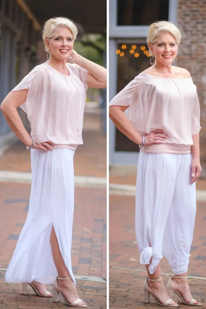 Eva Silk Side Slit Pant - White