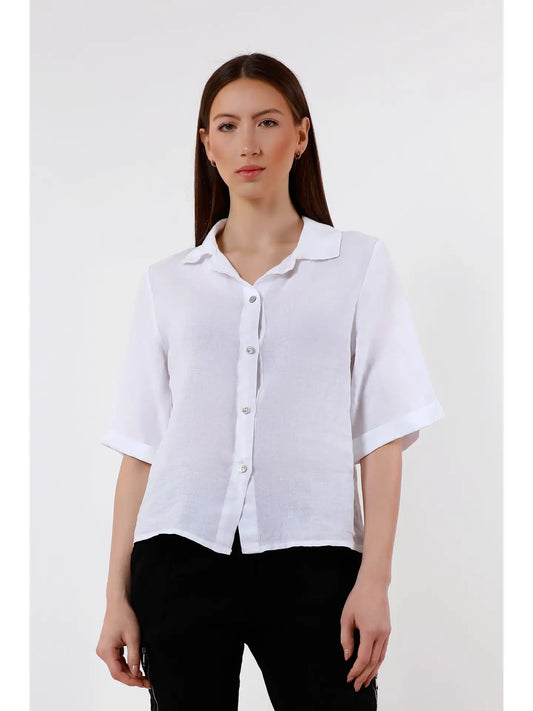 Milena 3/4 Sleeve Button Front Linen Top