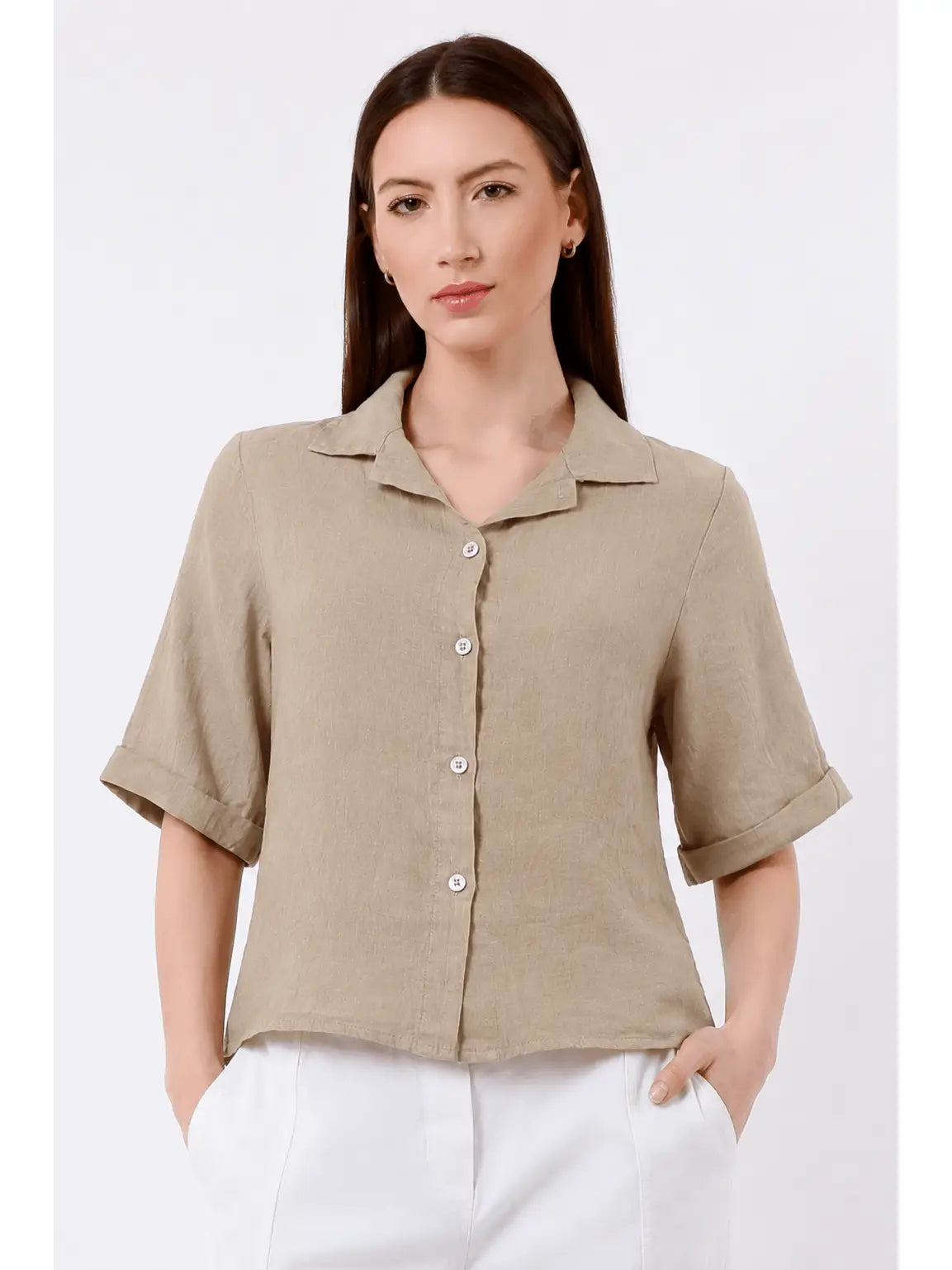 Milena 3/4 Sleeve Button Front Linen Top