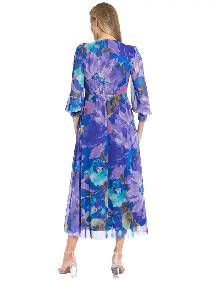 Shirred Faux Twist Bishop Sleeve Maxi Dress