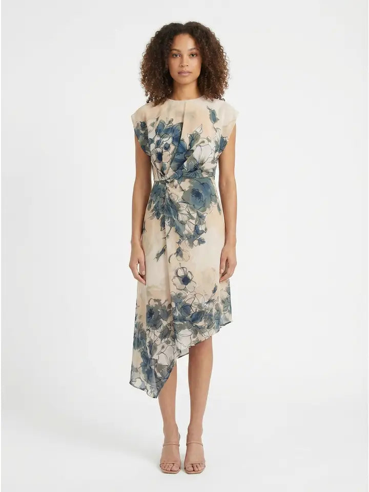 Asymmetrical Cap Sleeve Floral Dress