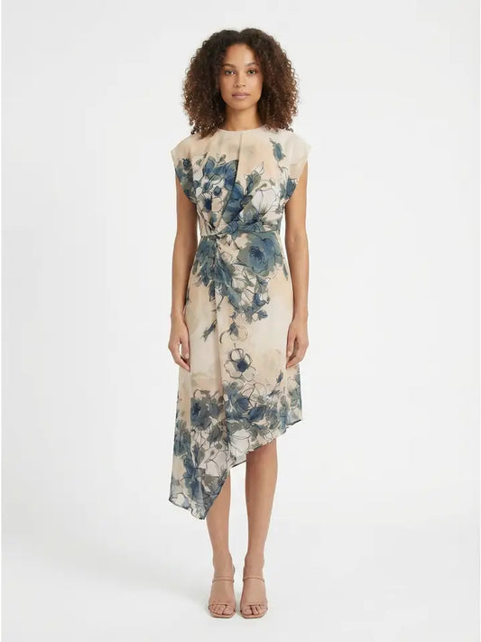 Asymmetrical Cap Sleeve Floral Dress