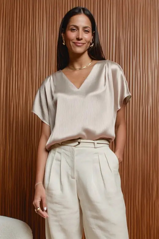 Pleated Cap Sleeve Crinkle Satin Blouse