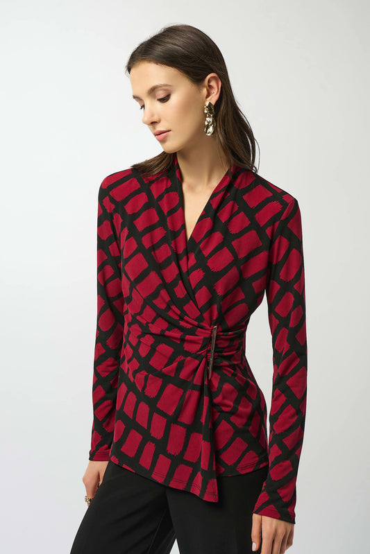 Silky Knit Geometric Print Fitted Wrap Top