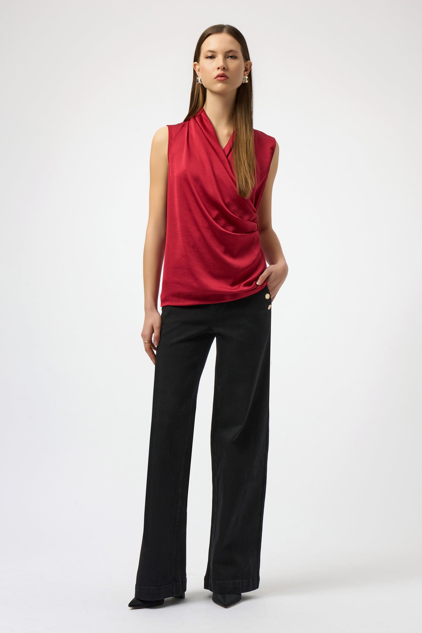 Satin & Silky Knit Sleeveless Wrap Top