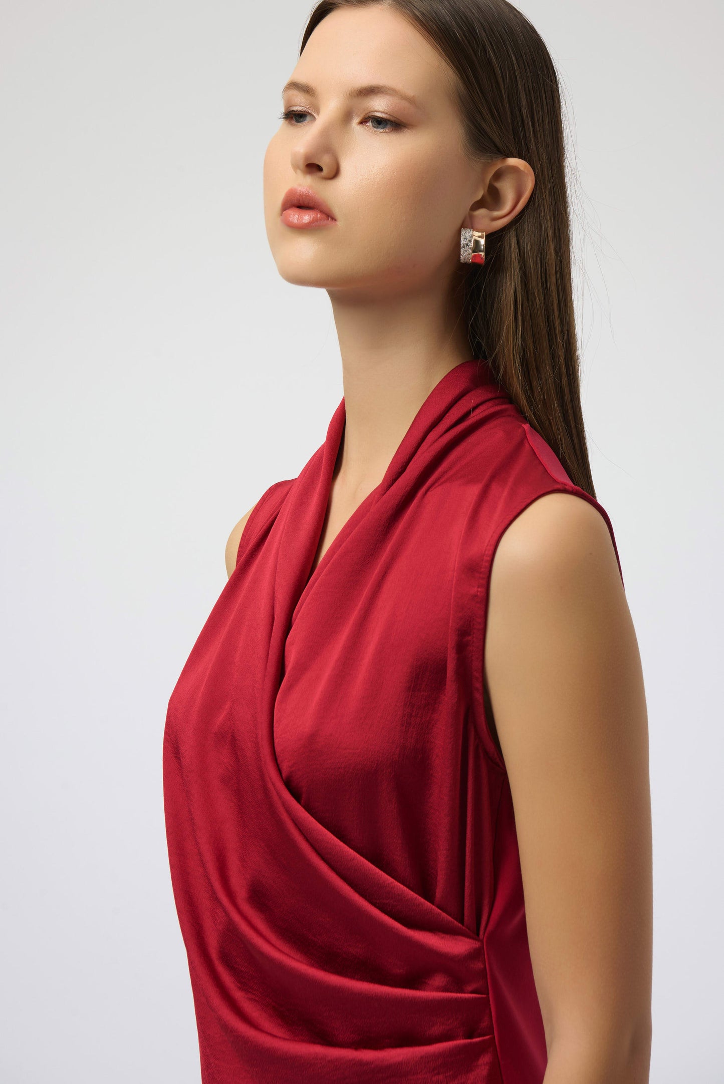 Satin & Silky Knit Sleeveless Wrap Top