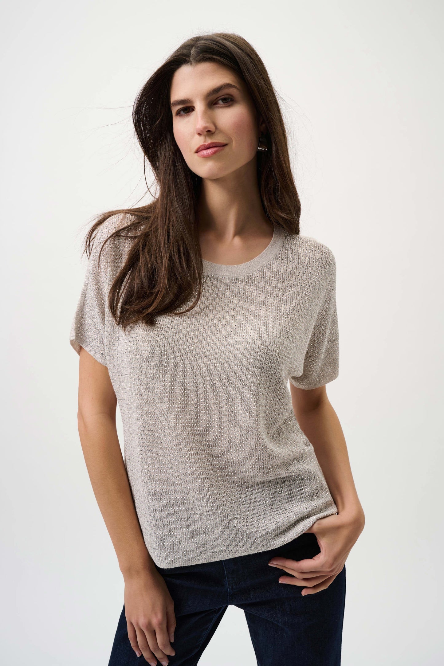 Metallic Knitted T-Shirt with Rhinestones