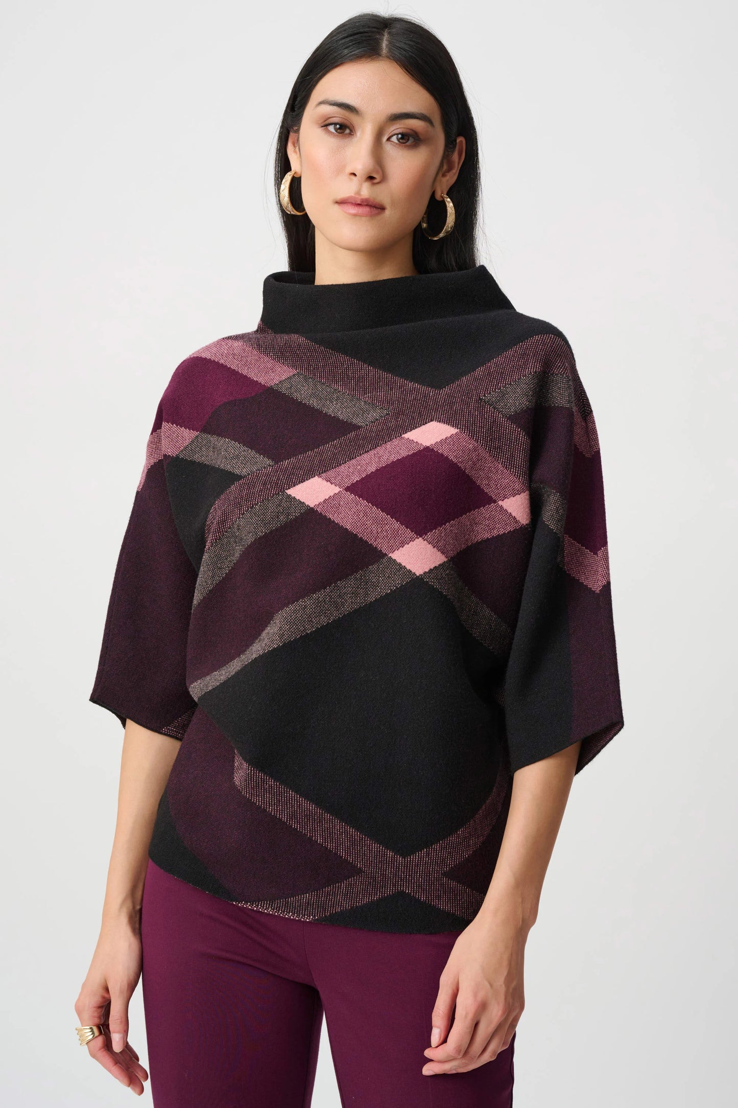 Brushed Plaid Funnel Neck Sweater