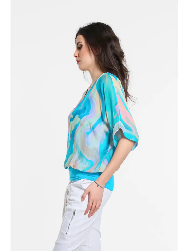 Abella Swirl Band Waist Top - Turquoise