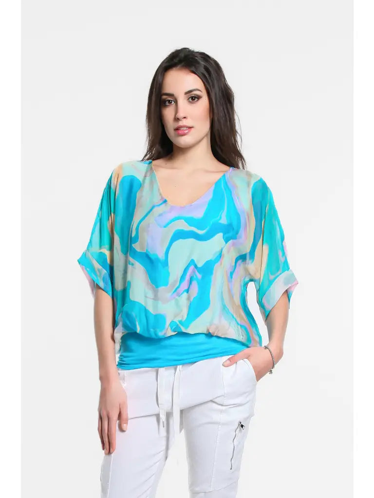 Abella Swirl Band Waist Top - Turquoise