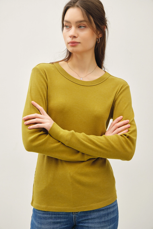 Ribbed Round Neck Long Sleeve Top
