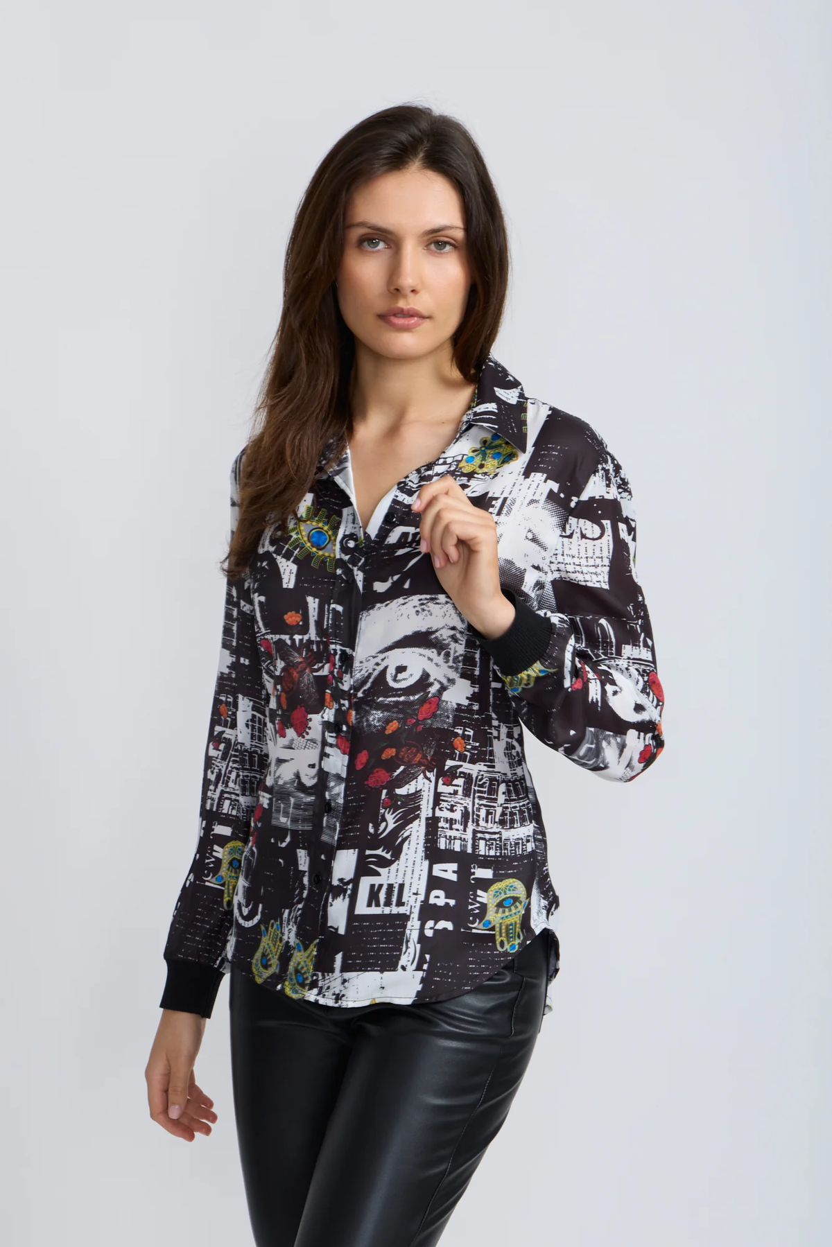 Newspaper Print Button Down  Blouse