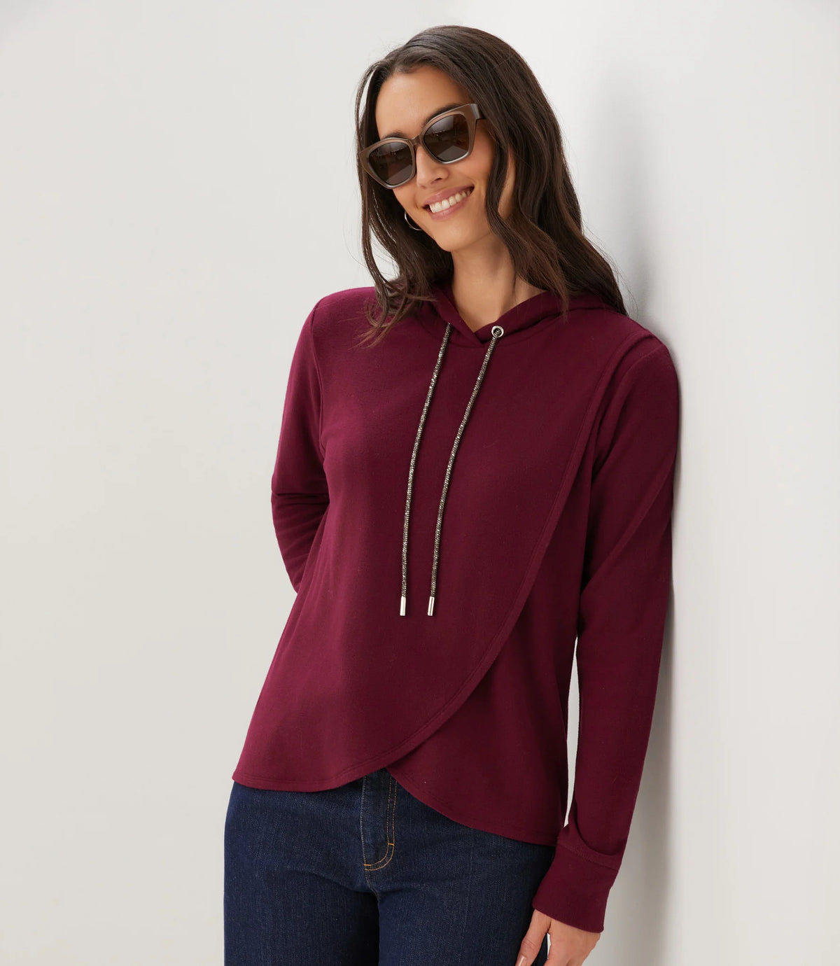 Rhinestone Drawstring Crossover Sweatshirt
