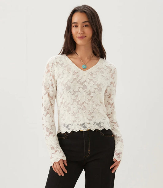 Long Sleeve Floral Burnout V-Neck Top