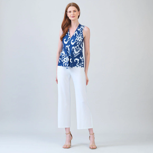 Printed V-Neck Front Tie Sleeveless Top