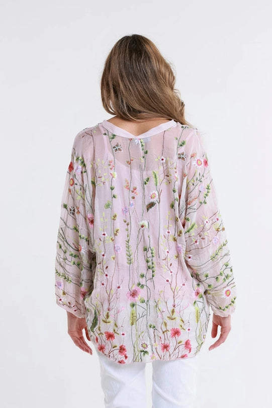 Garden Viola 3/4 Sleeve Embroidered Blouse