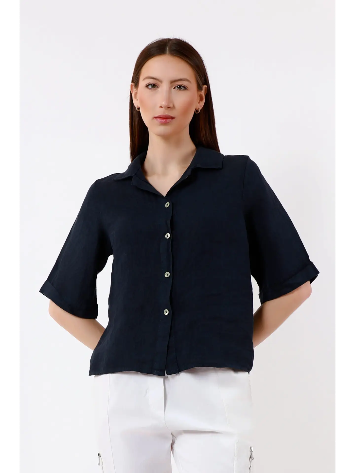 Milena 3/4 Sleeve Button Front Linen Top