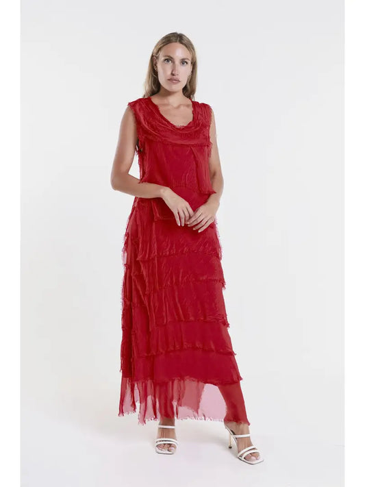 Aleena Silk Maxi Ruffle-Red