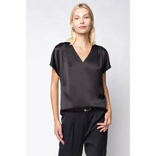 Pleated Cap Sleeve Crinkle Satin Blouse