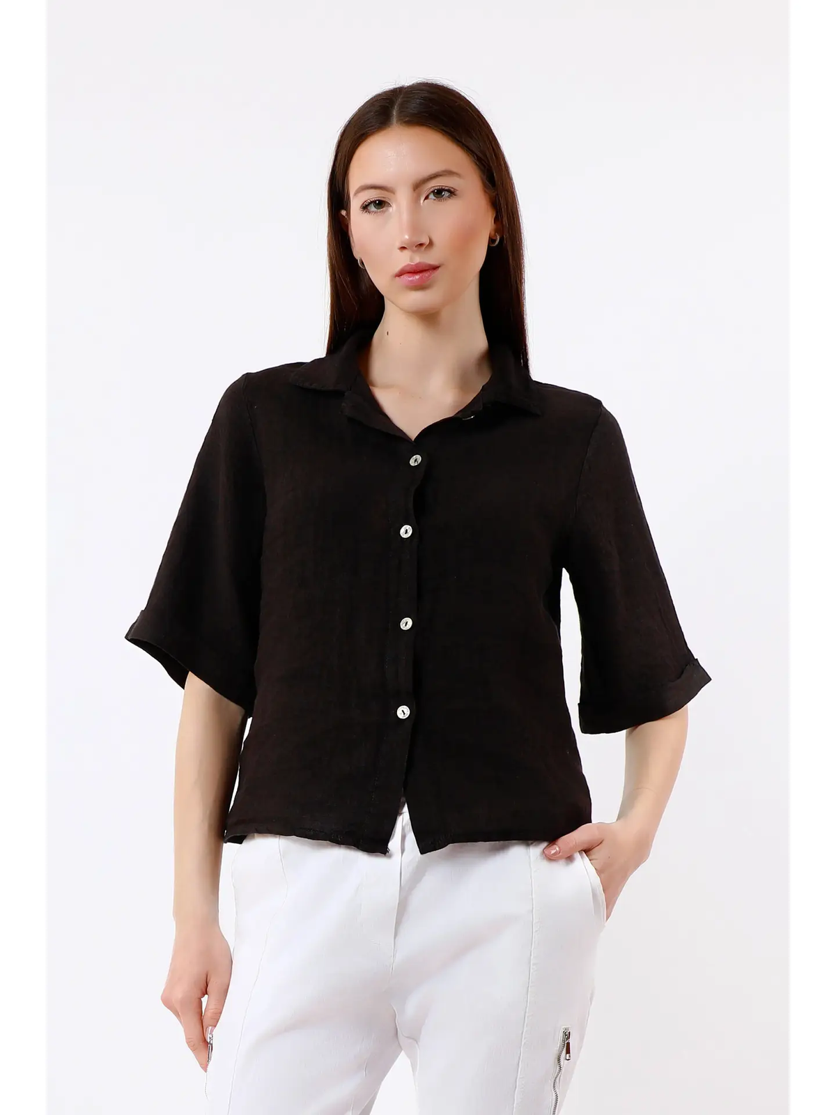 Milena 3/4 Sleeve Button Front Linen Top