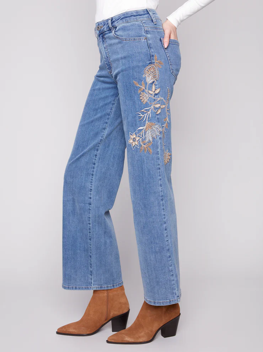 Wide Leg Embroidered Denim