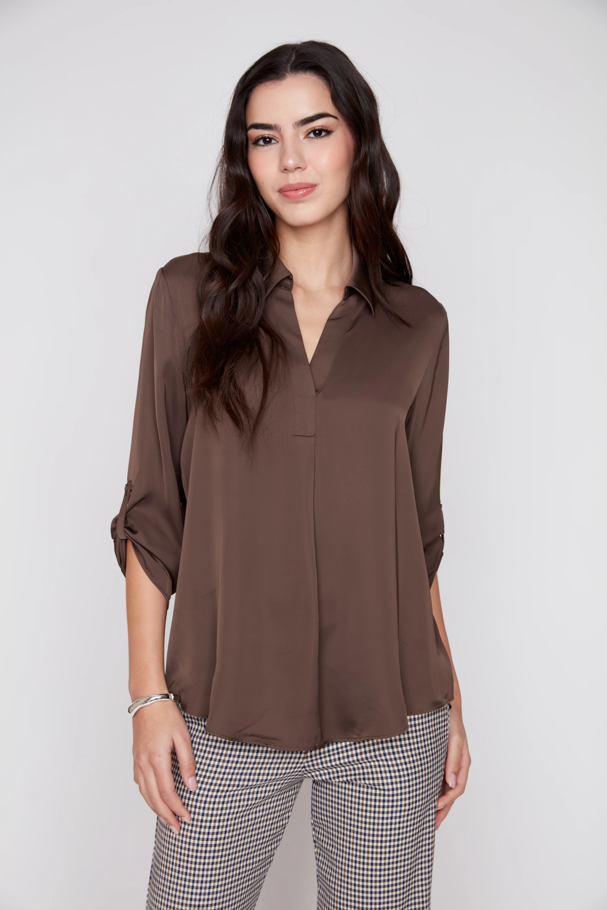 Satin V-Neck Blouse with Roll-Tab Sleeve
