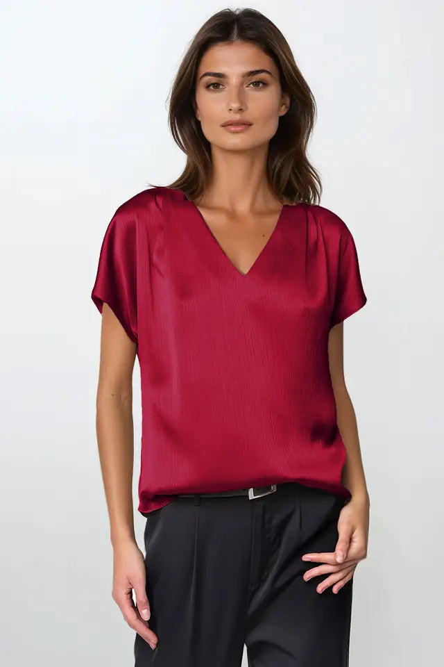 Pleated Cap Sleeve Crinkle Satin Blouse