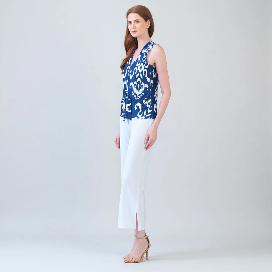 Printed V-Neck Front Tie Sleeveless Top