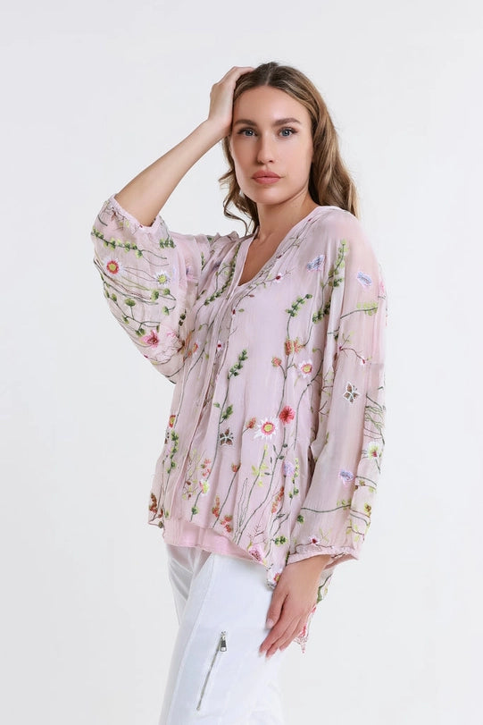 Garden Viola 3/4 Sleeve Embroidered Blouse