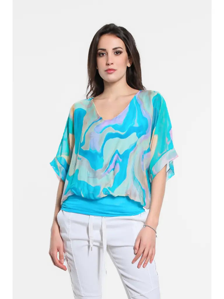 Abella Swirl Band Waist Top - Turquoise