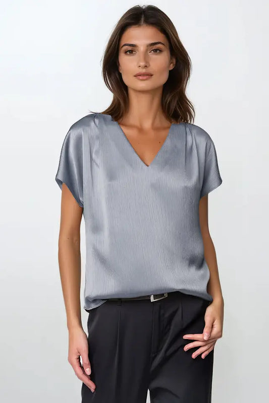 Pleated Cap Sleeve Crinkle Satin Blouse