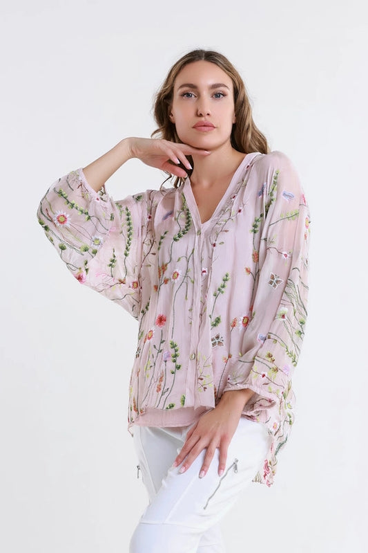 Garden Viola 3/4 Sleeve Embroidered Blouse