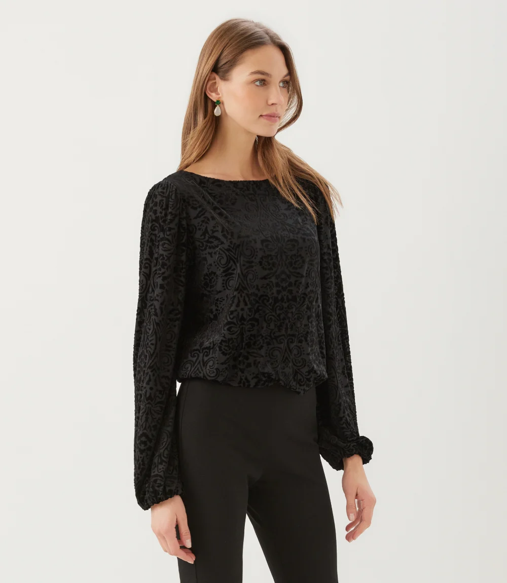 Velvet Burnout Boatneck Top Blouson Sleeve