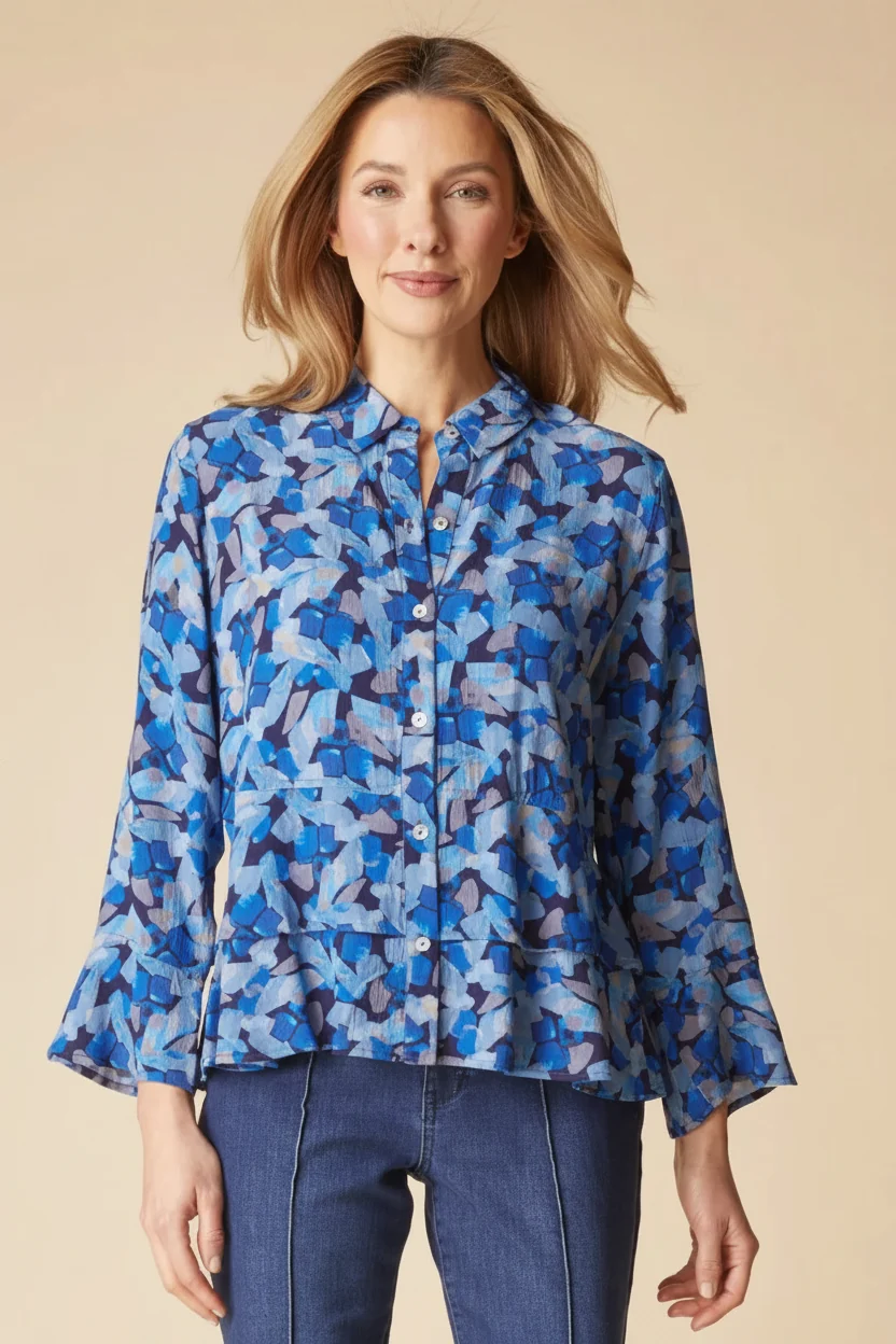 Rayon Crepe Painted Stone Flounce Shirt