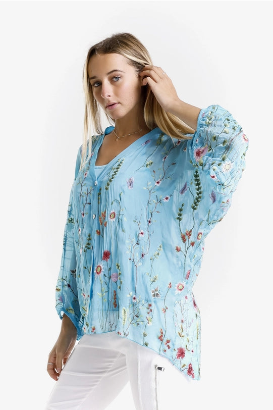 Garden Viola 3/4 Sleeve Embroidered Blouse