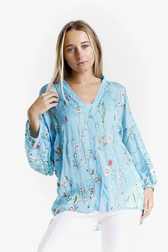 Garden Viola 3/4 Sleeve Embroidered Blouse